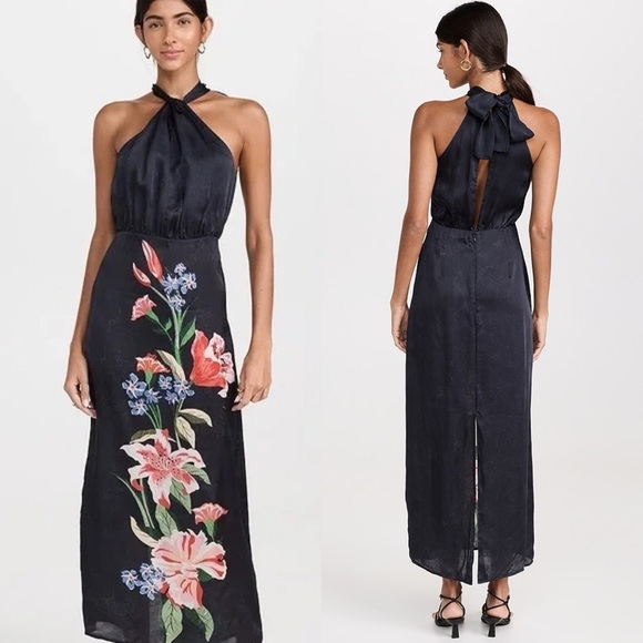 Chufy Nika Maxi Dress Grey/Blue Floral Flowers Halter Slit S Flowy Anthropologie - Picture 1 of 8